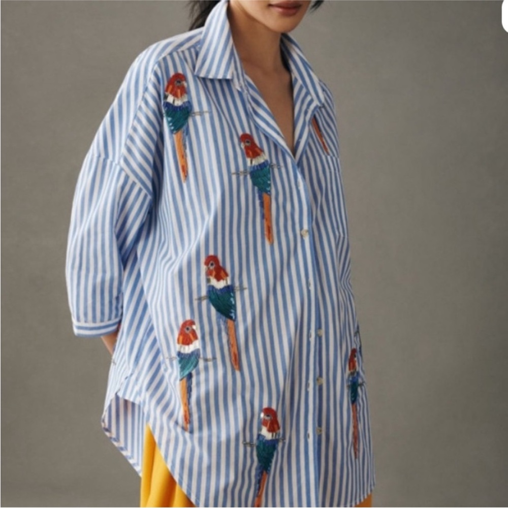 Maeve Blue Striped Button Down Shirt with Parrot Design